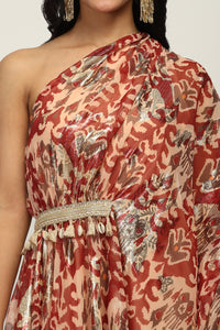 Burgundy Foil Print One Shoulder Indo western Dress
