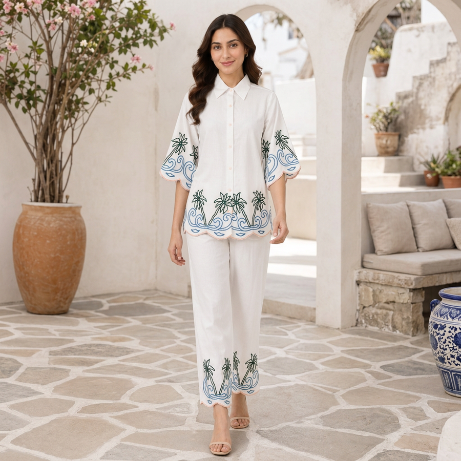 Amaya White Palm Embroidered Co-ord Set