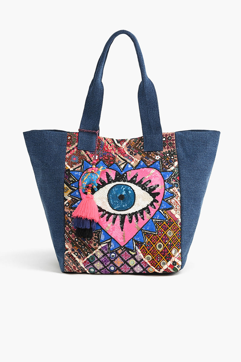Evil Eye Denim Tote Bag