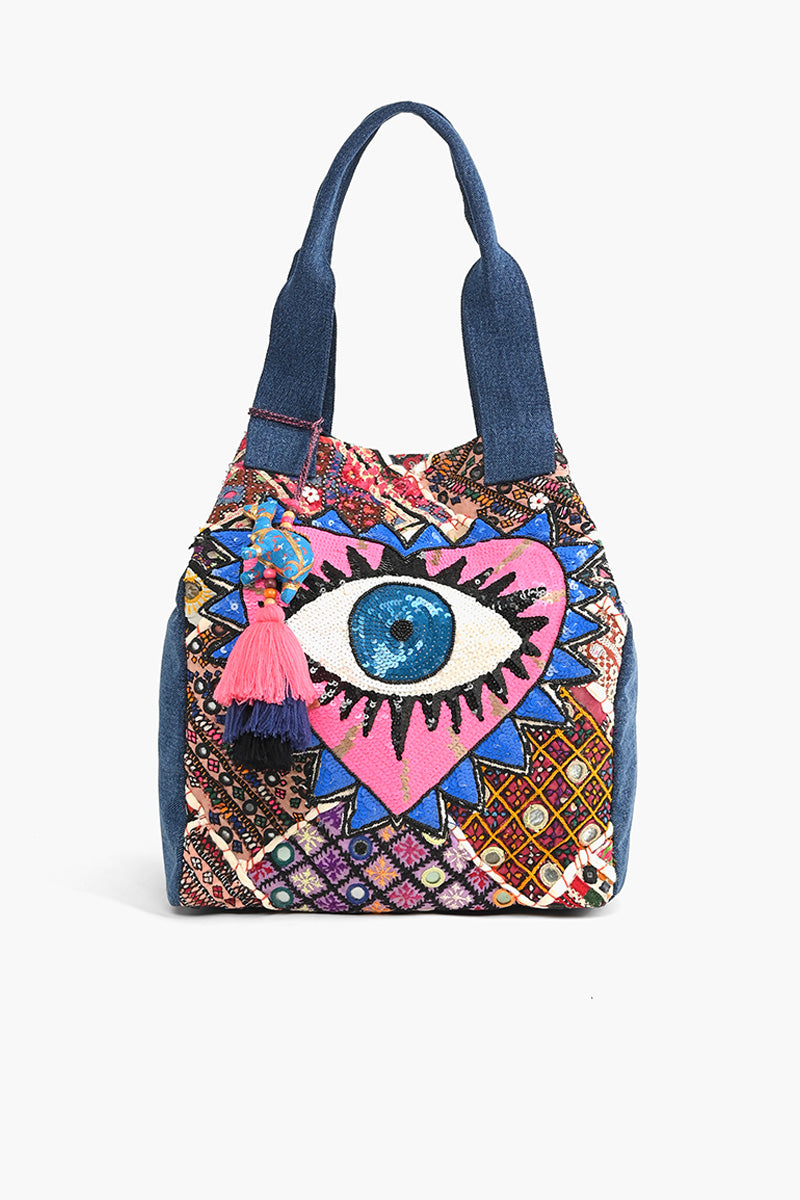 Evil Eye Denim Tote Bag