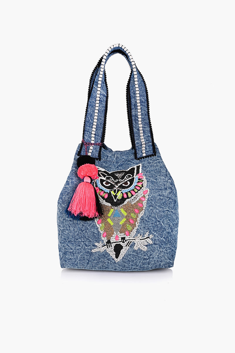 Beautiful Owl Embroidered Denim Tote