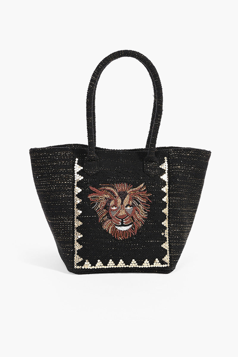 Lion Beaded Black Tote Bag