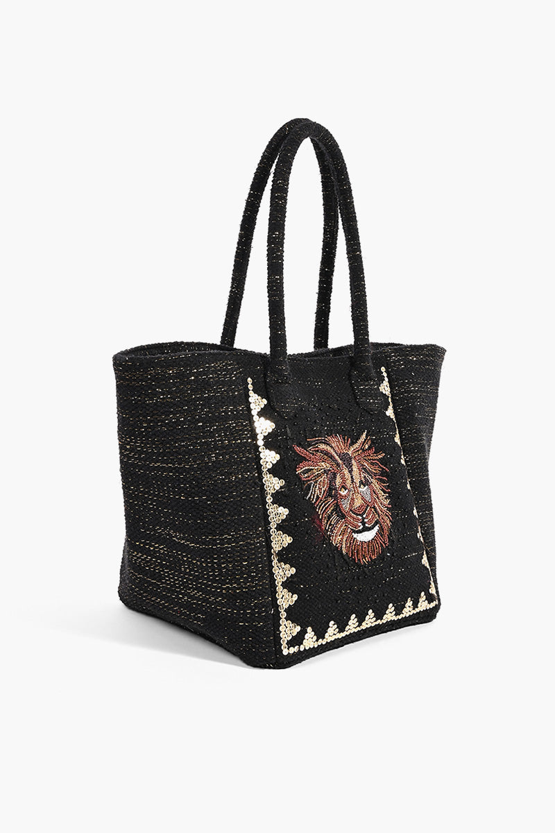 Lion Beaded Black Tote Bag