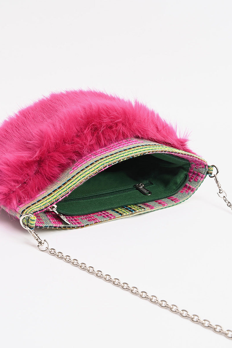 Pink Faux Fur Strapped Crossbody Clutch