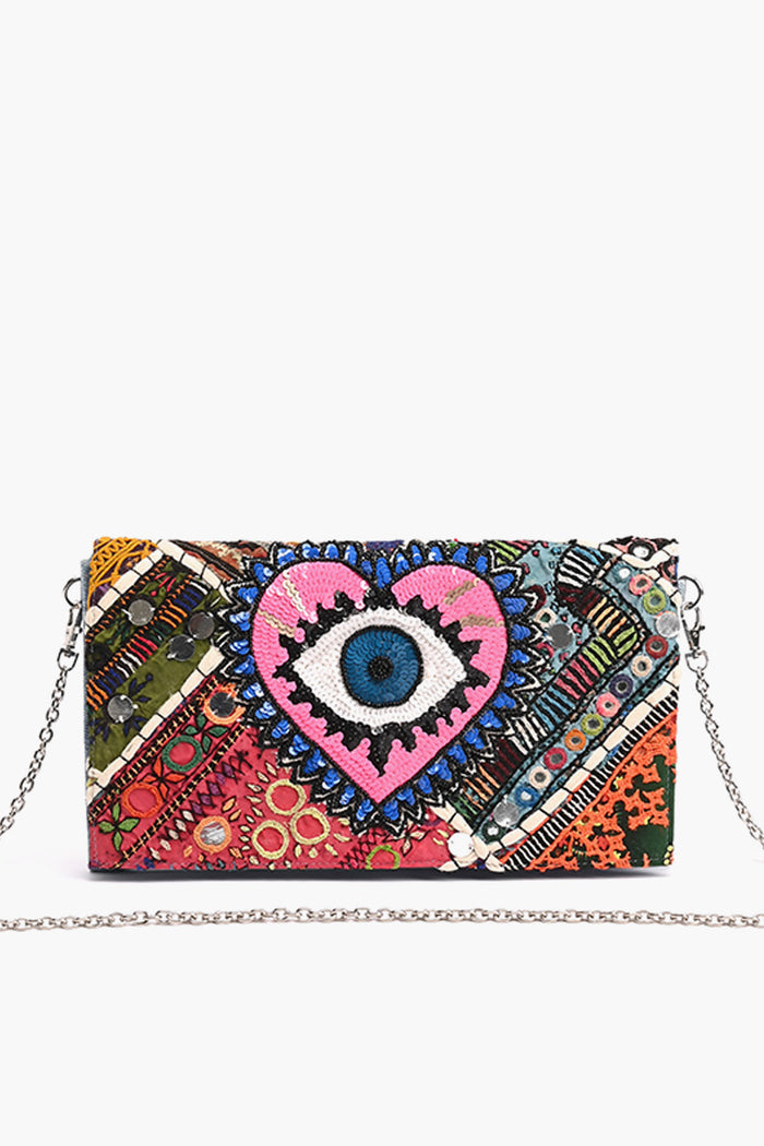 Beautiful Eye Embroidered Denim Clutch