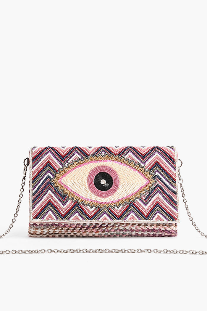 Rose Pink Evil Eye Embroidered Clutch
