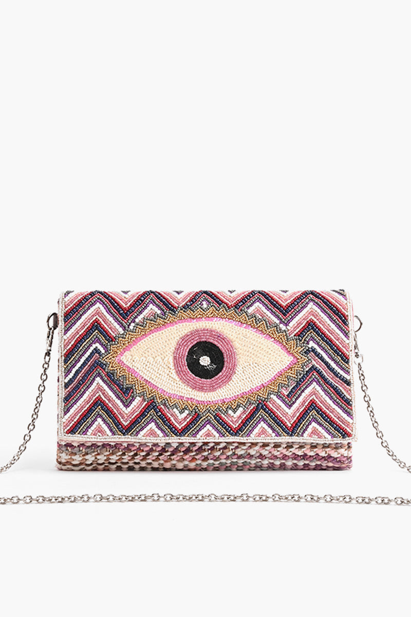 Rose Pink Evil Eye Embroidered Clutch