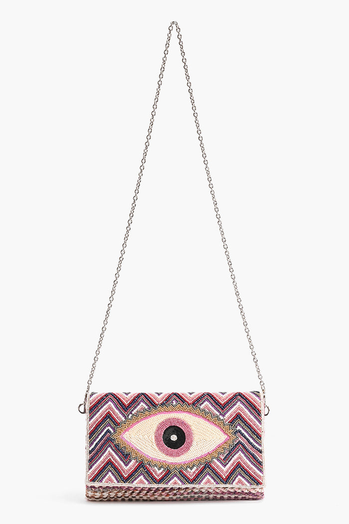 Rose Pink Evil Eye Embroidered Clutch