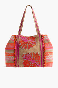 Poppy Floral Beaded Tote-Pink Hand Beaded Floral Tote For Women