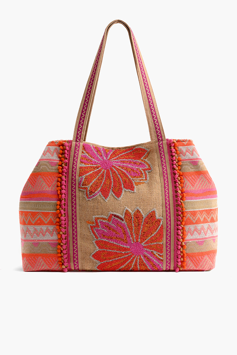 Poppy Floral Beaded Tote-Pink Hand Beaded Floral Tote For Women