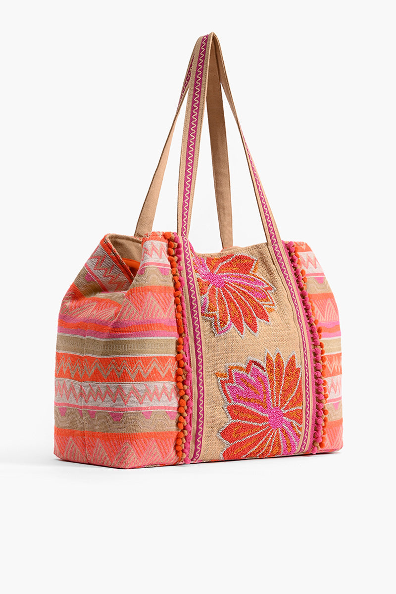 Poppy Floral Beaded Tote-Pink Hand Beaded Floral Tote For Women