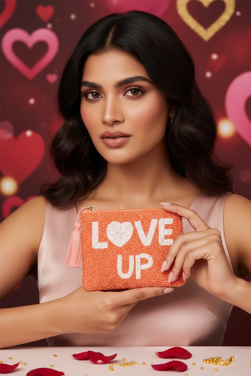 Handmade Orange Beaded Coin Pouch - LOVE UP Luxury Mini Coin Pouch