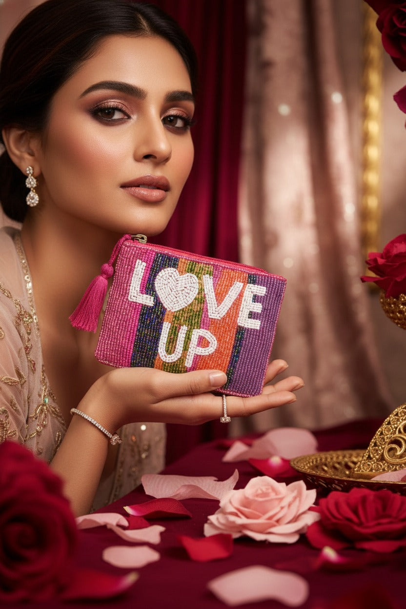 Handmade Multi-Color Striped Beaded Pouch - LOVE UP Luxury Mini Coin Pouch