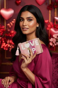 Handmade Pink & Gold Striped Beaded Pouch - LOVE UP Luxury Coin Pouch