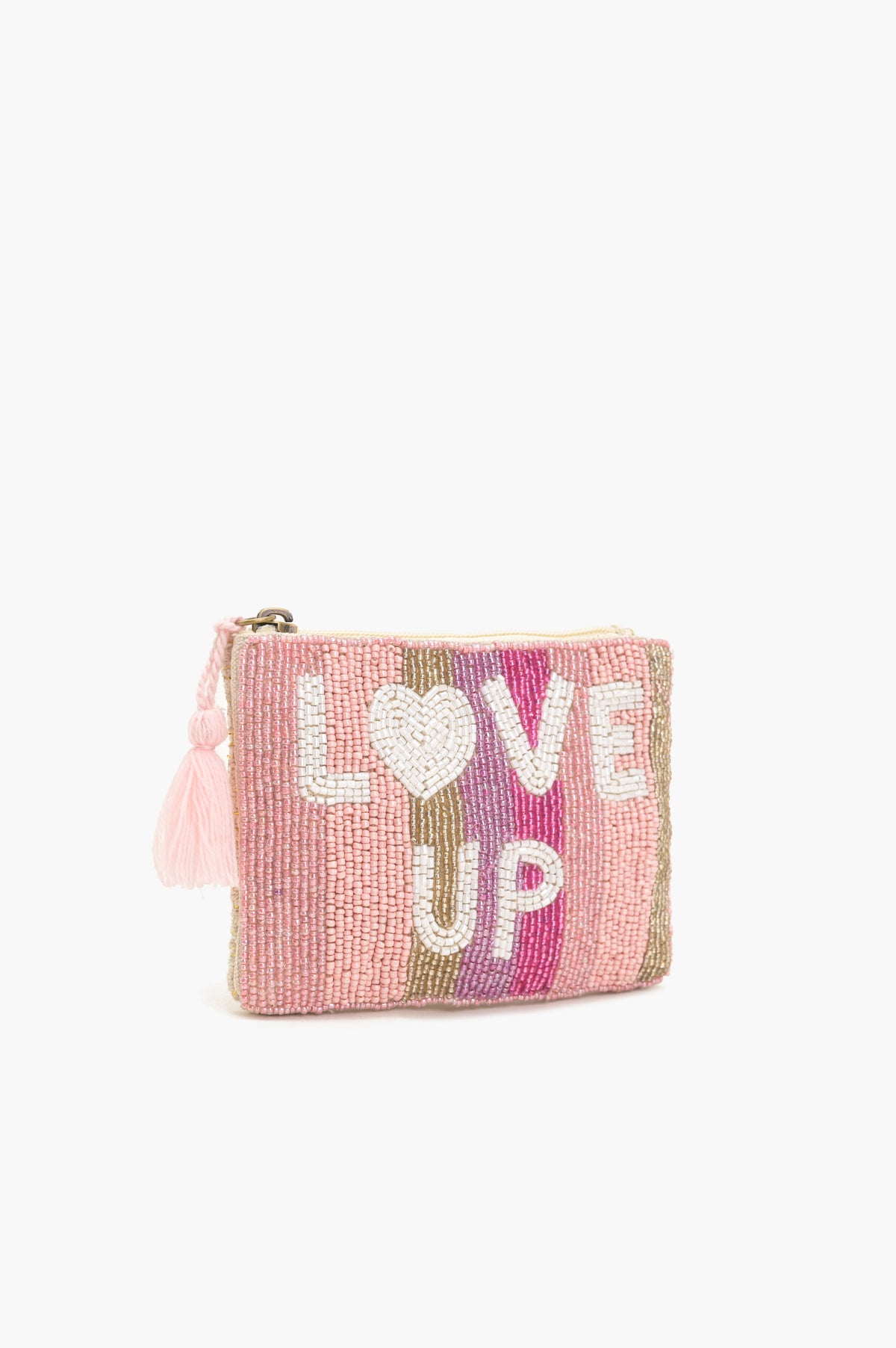 Handmade Pink & Gold Striped Beaded Pouch - LOVE UP Luxury Coin Pouch