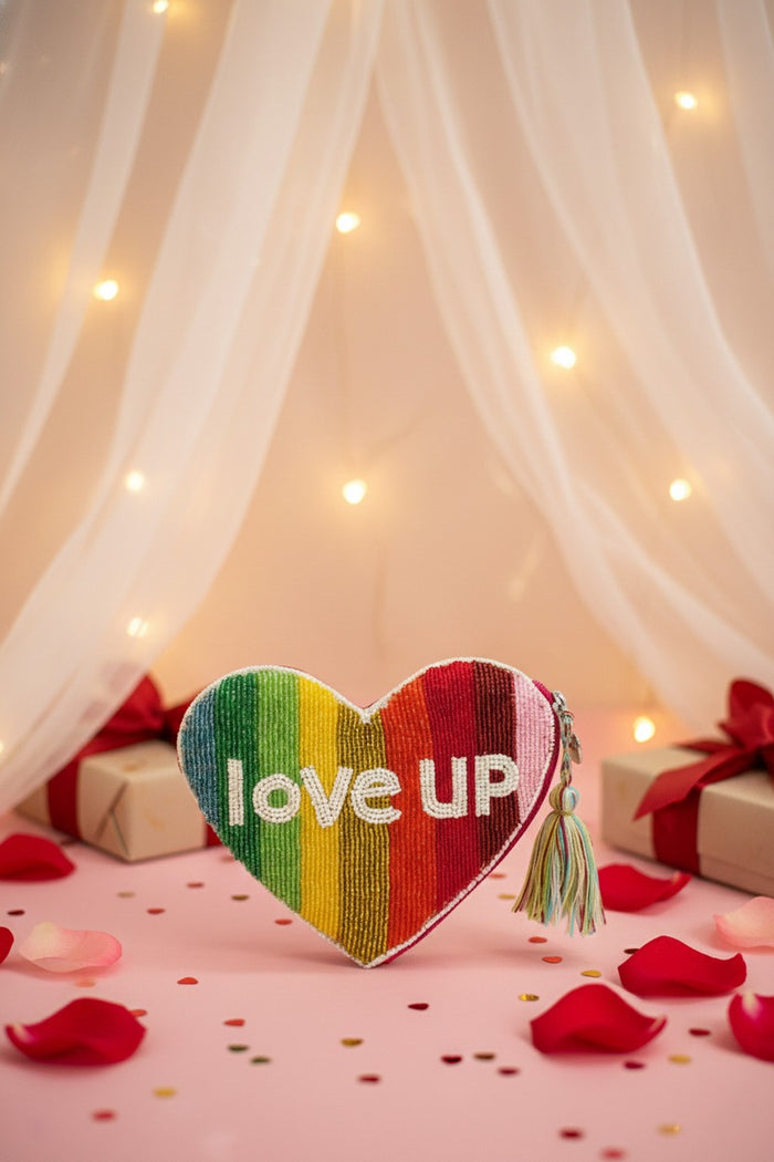 Handmade Rainbow Heart Beaded Pouch - love up Luxury Coin Purse & Mini Clutch