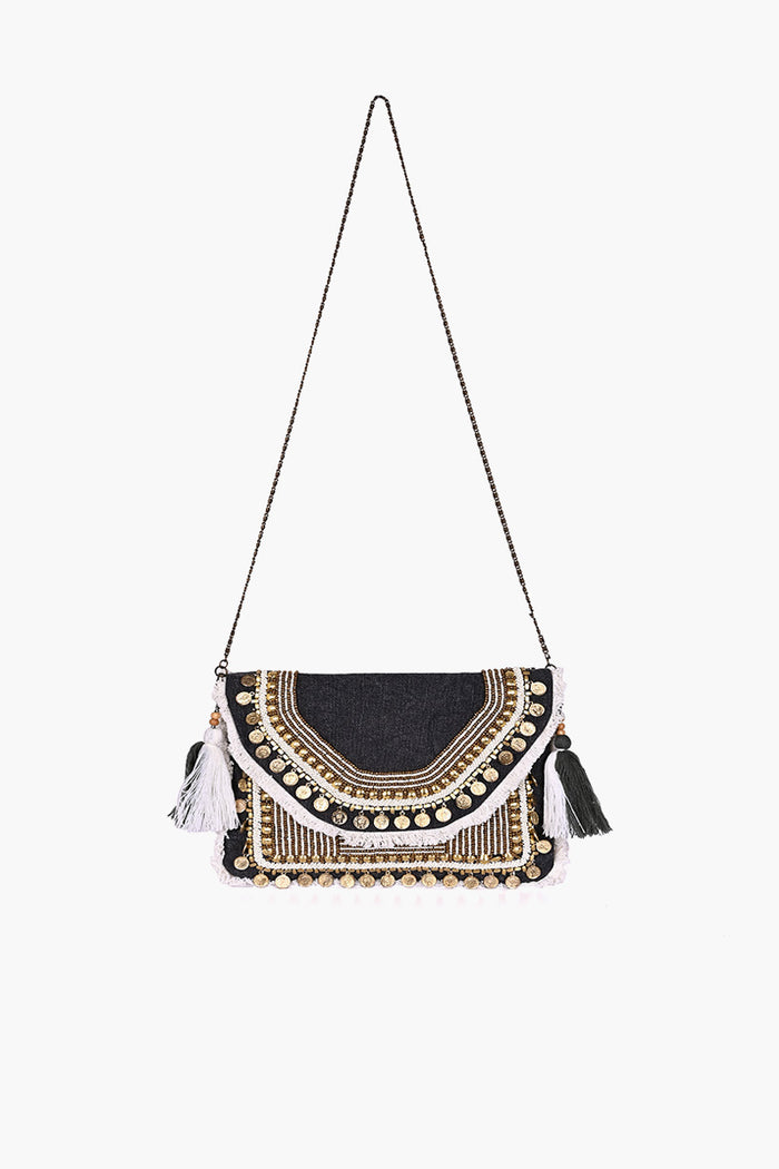 Black Denim Embellished Clutch