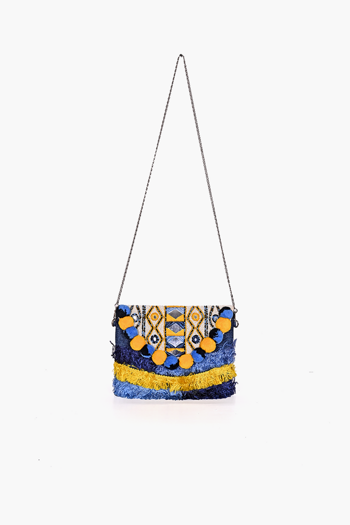 Denim Pompom Sling Bag
