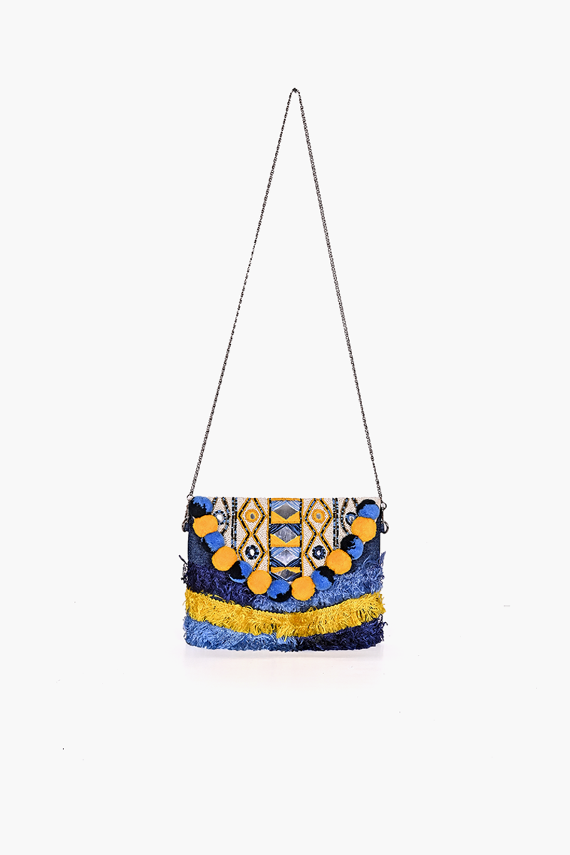 Denim Pompom Sling Bag