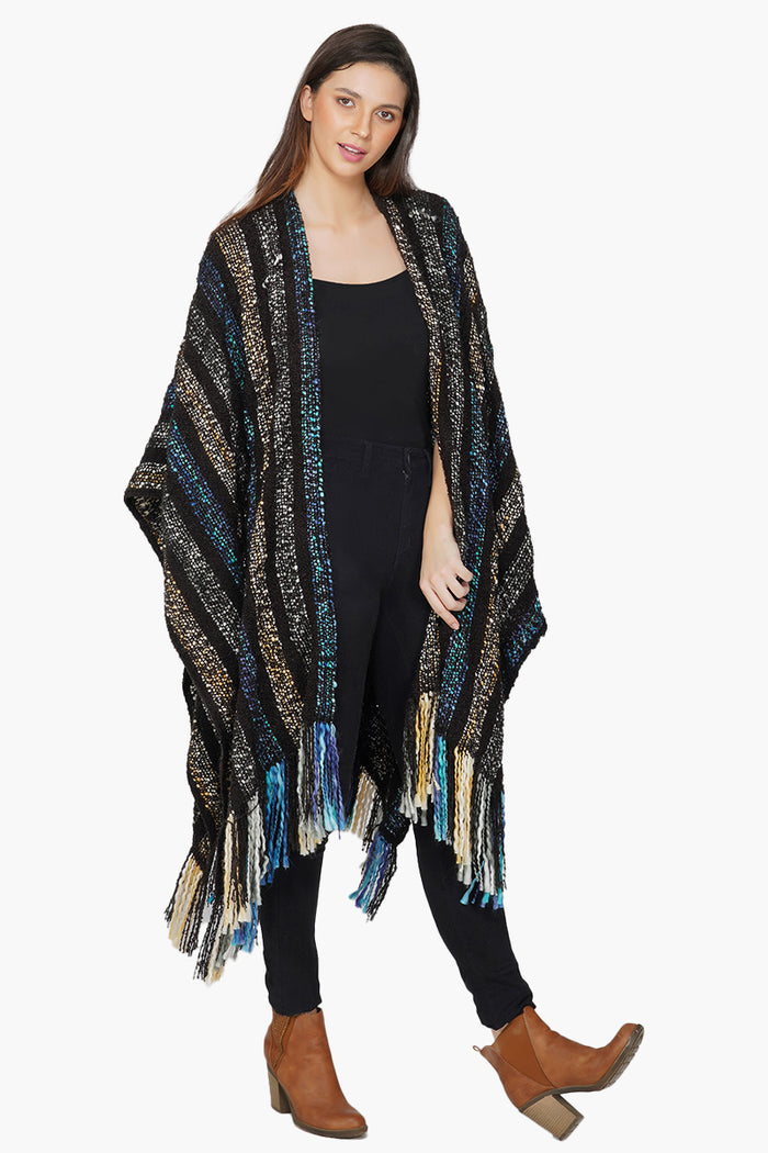 Bohemian Black Poncho Cape with Frills