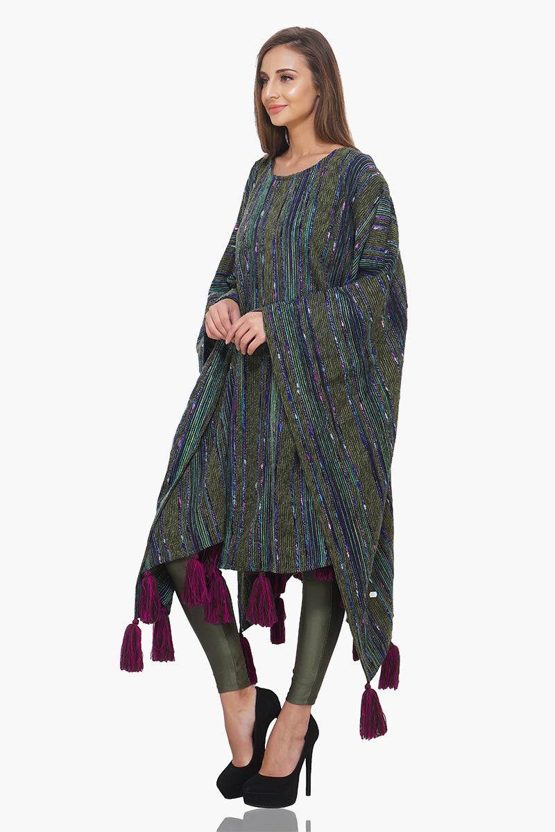 Green Striped Poncho with Fringes