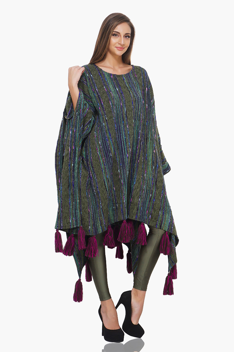Green Striped Poncho with Fringes