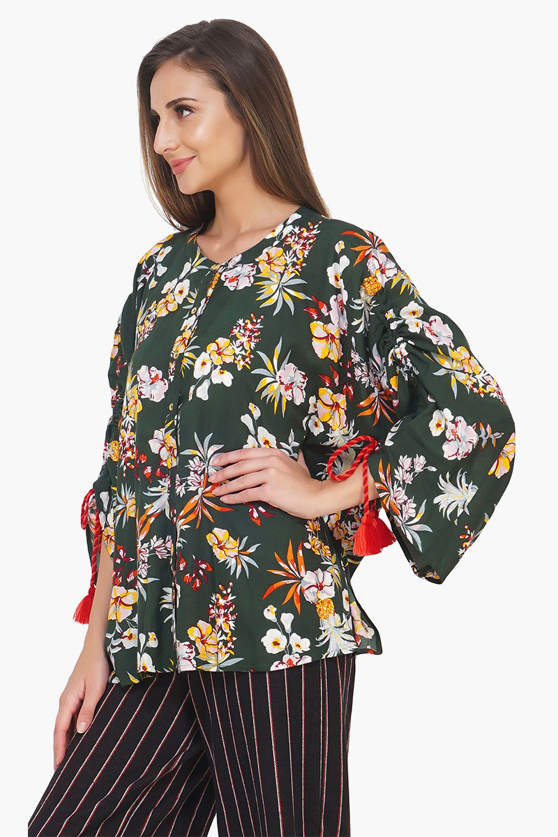 Floral Printed Green Button Down Shirt