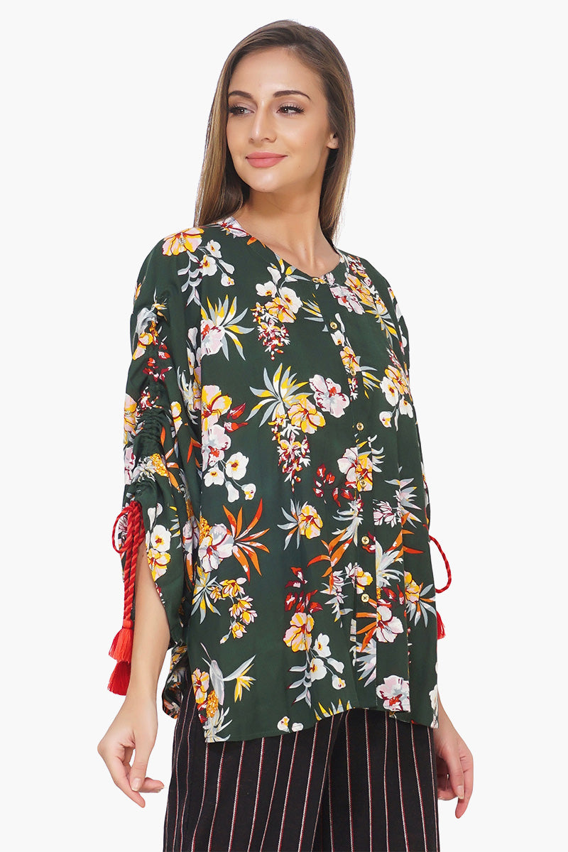 Floral Printed Green Button Down Shirt