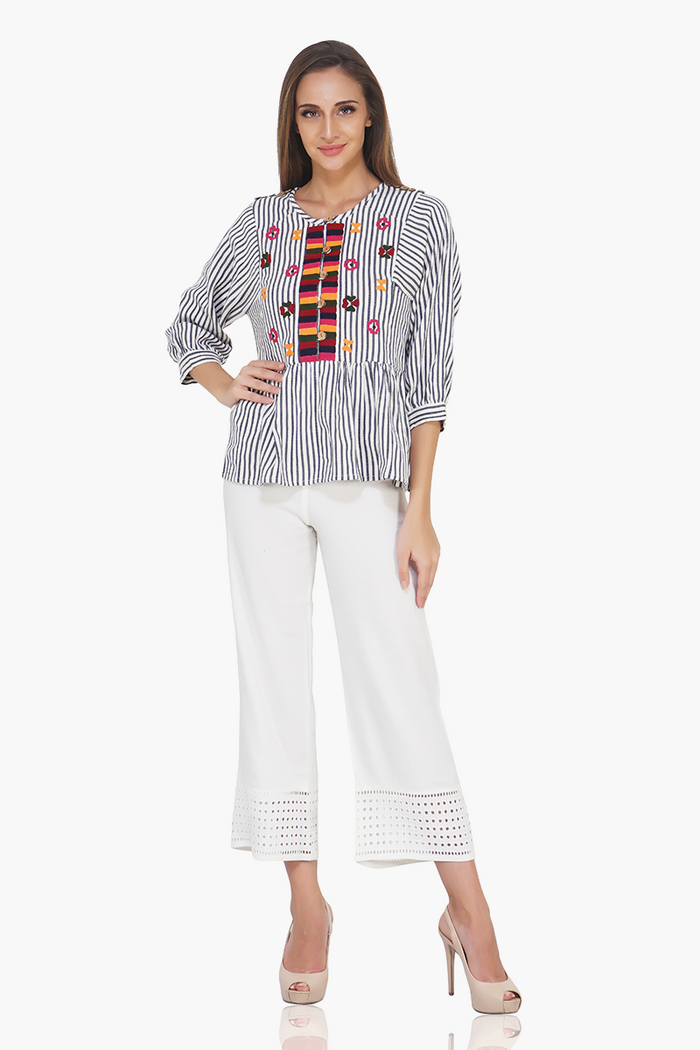 Indie Ink Striped And Embroidered Blouse
