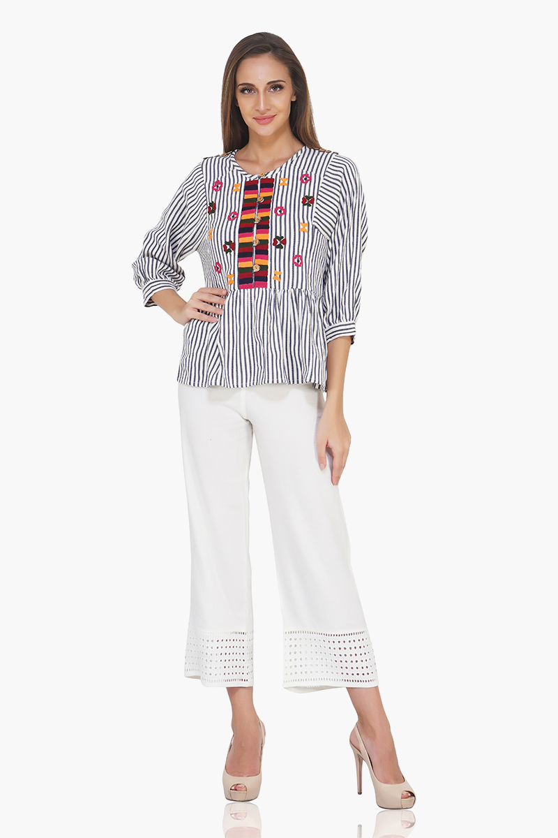 Indie Ink Striped Embroidered Top