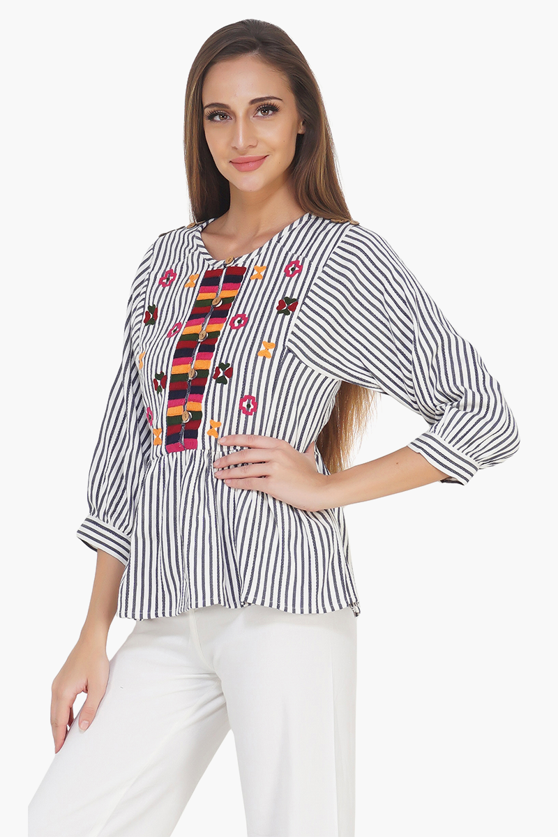 Indie Ink Striped Embroidered Top