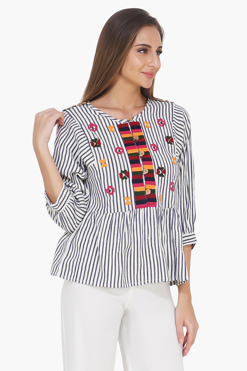 Indie Ink Striped and Embroidered Top