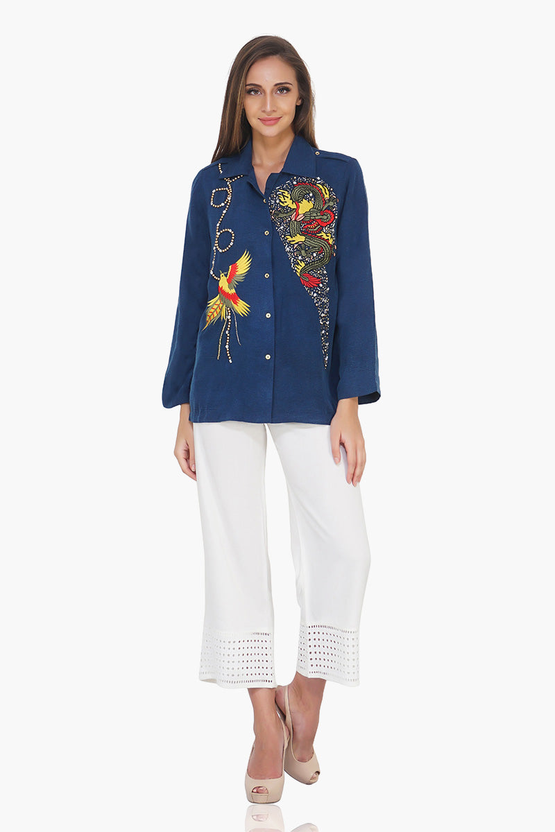 Eden Dragon Embroidered Shirt Blue