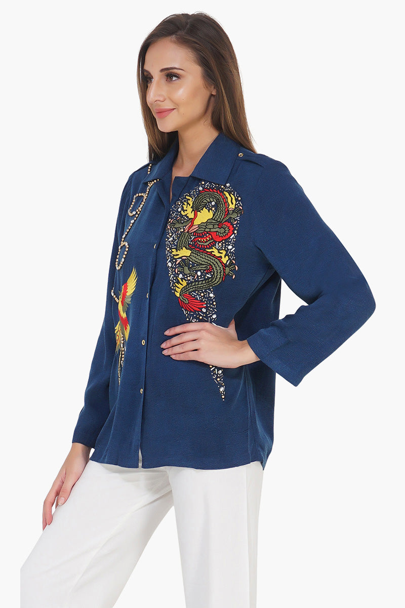 Eden Dragon Embroidered Shirt Blue