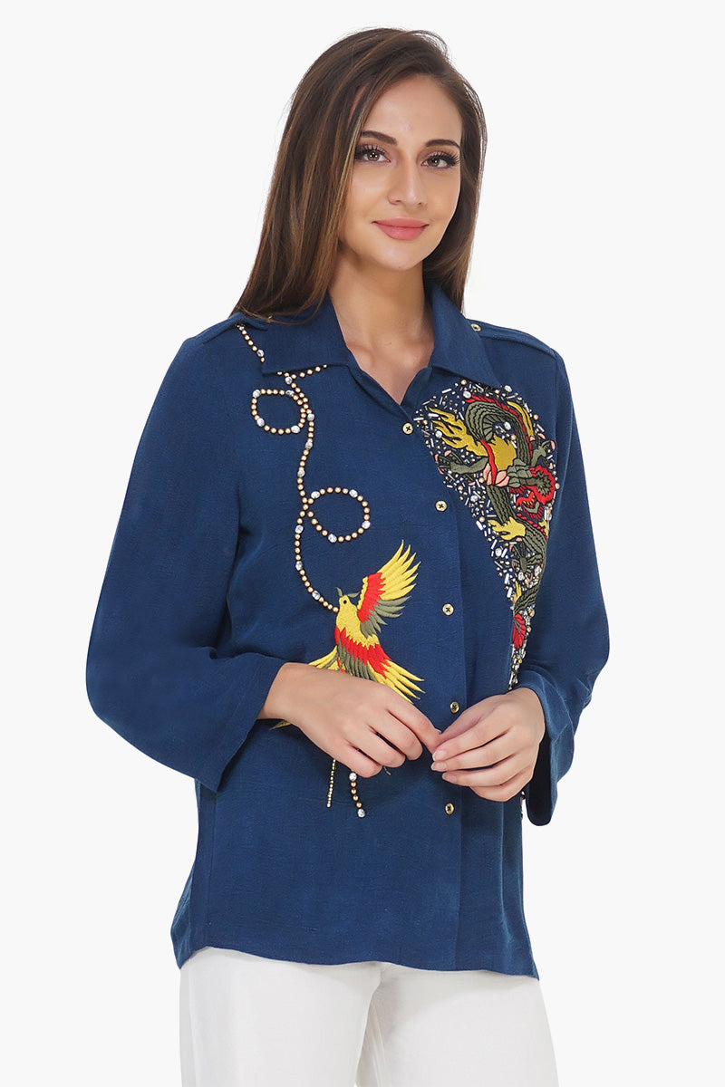 Embroidered Blue Button Down Shirt