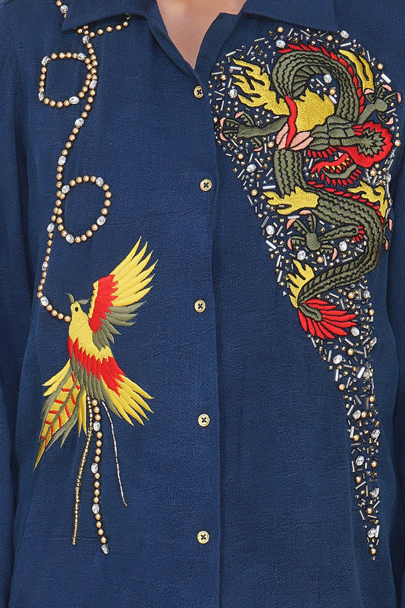 Eden Dragon Embroidered Shirt Blue