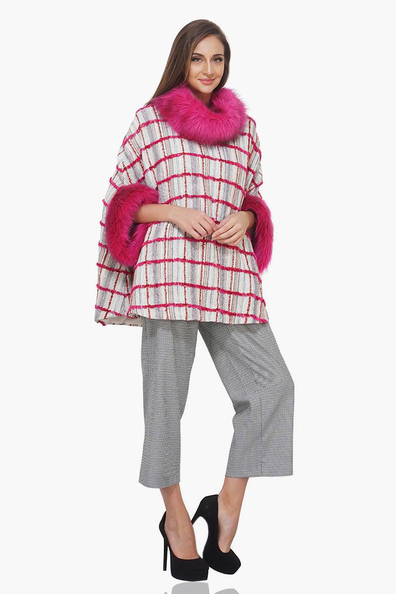 Pristine Checks Faux Fur Cape