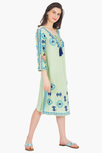 Tassel-Neck Embroidered Green Viscose Crepe Tunic Dress