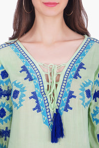 Tassel-Neck Embroidered Green Viscose Crepe Tunic Dress