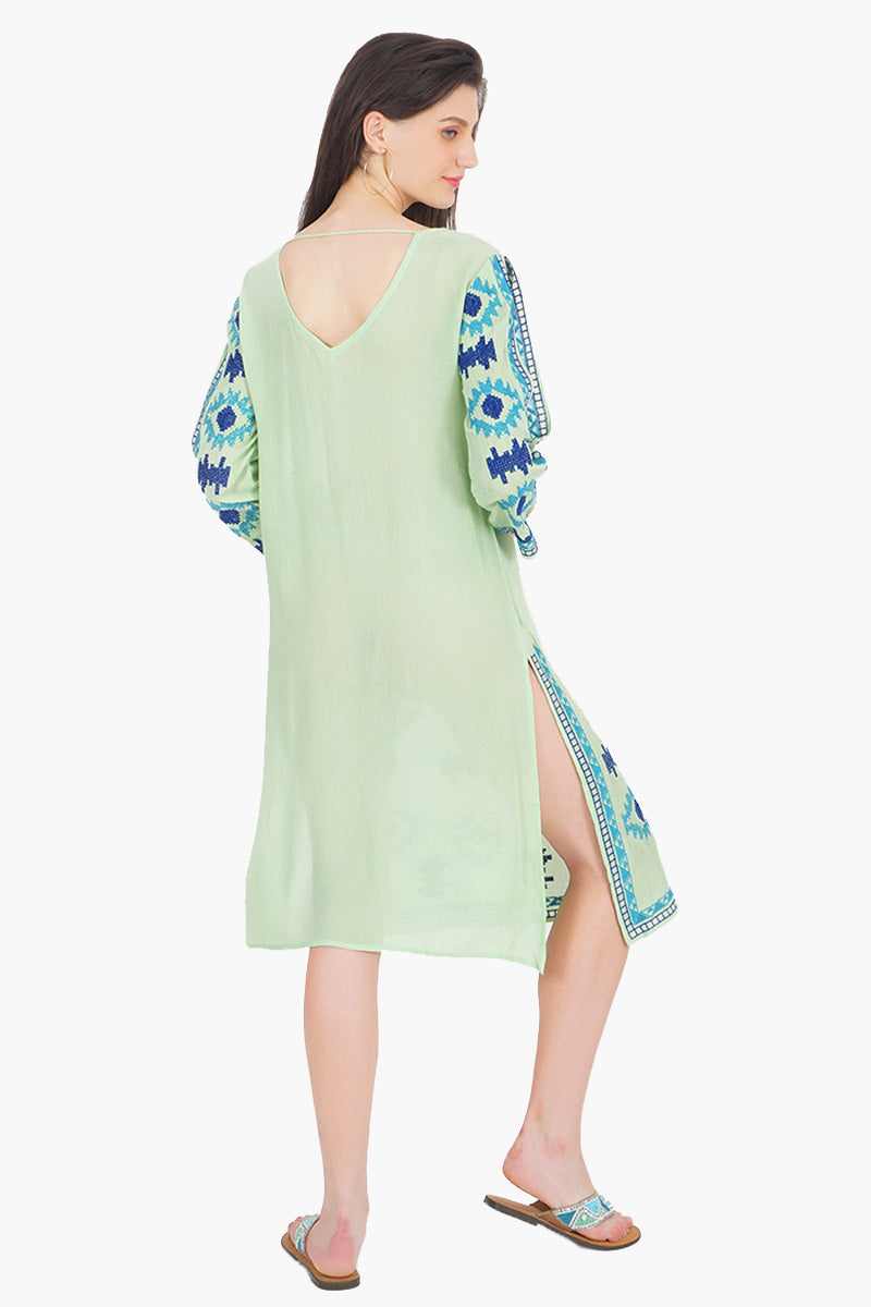Tassel-Neck Embroidered Green Tunic Dress