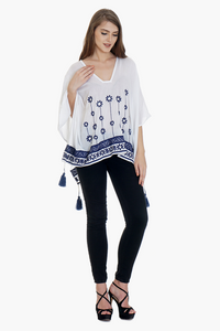 Navy Embroidered Tassel-Trimmed White Lightweight Poncho