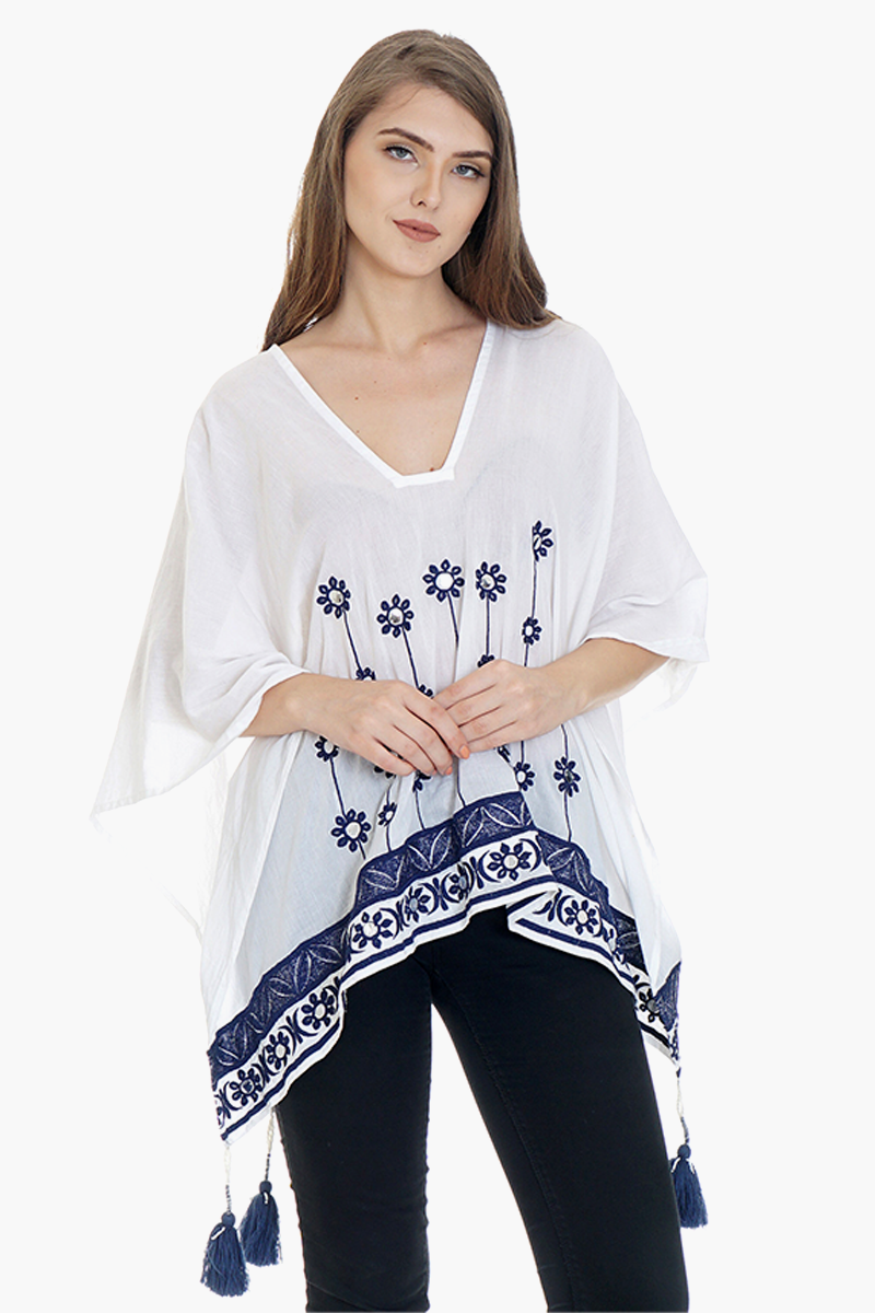 Navy Embroidered Tassel-Trimmed White Lightweight Poncho