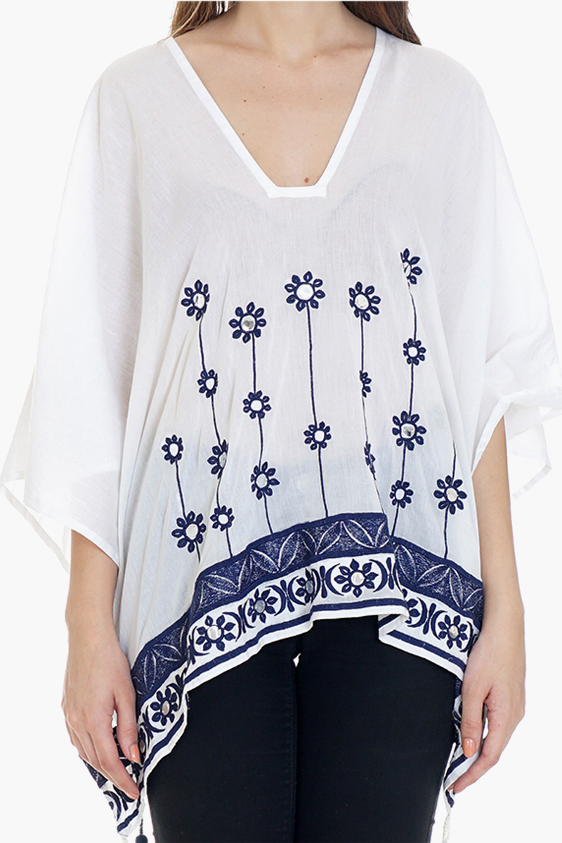White Poncho With Navy Embroidery