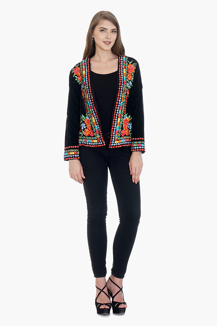 Embroidered Solid Cotton Velvet Jacket