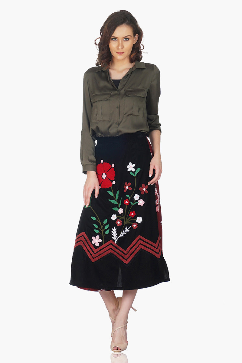 Floral Embroidered Black Culottes