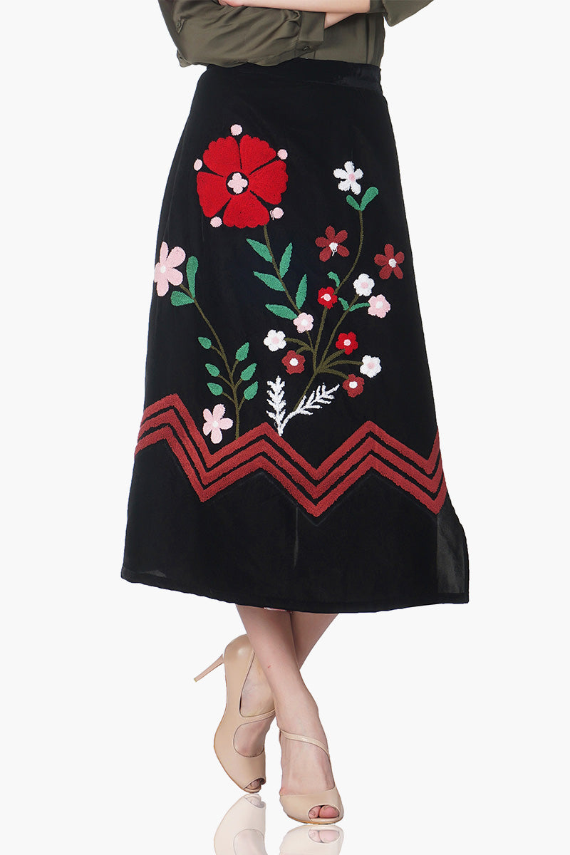 Floral Embroidered Black Culottes