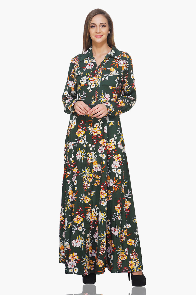 Chic Floral Printed Maxi Dress Green