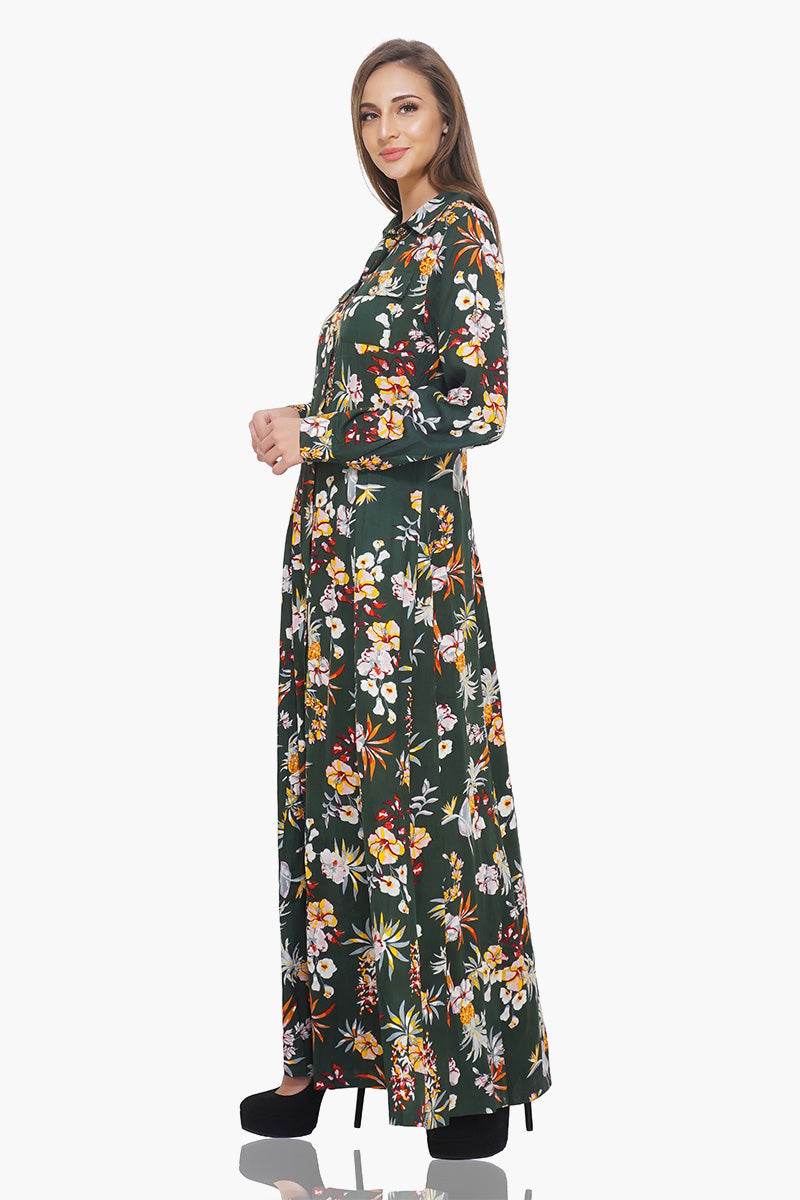 Chic Floral Printed Maxi Dress Green