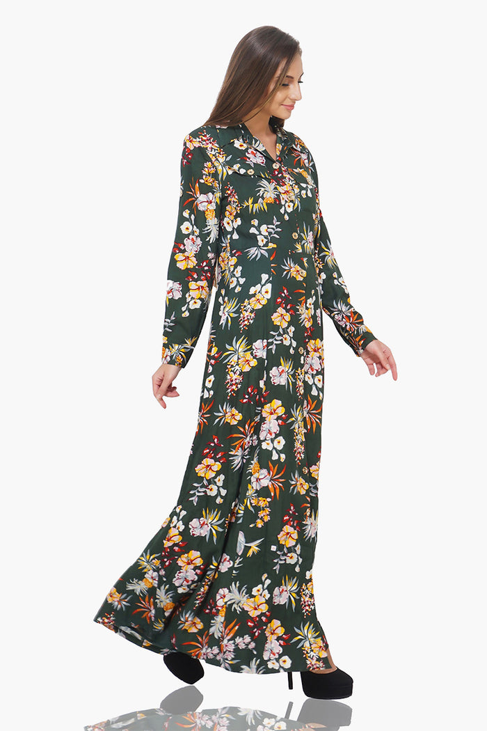 Chic Floral Printed Maxi Dress Green