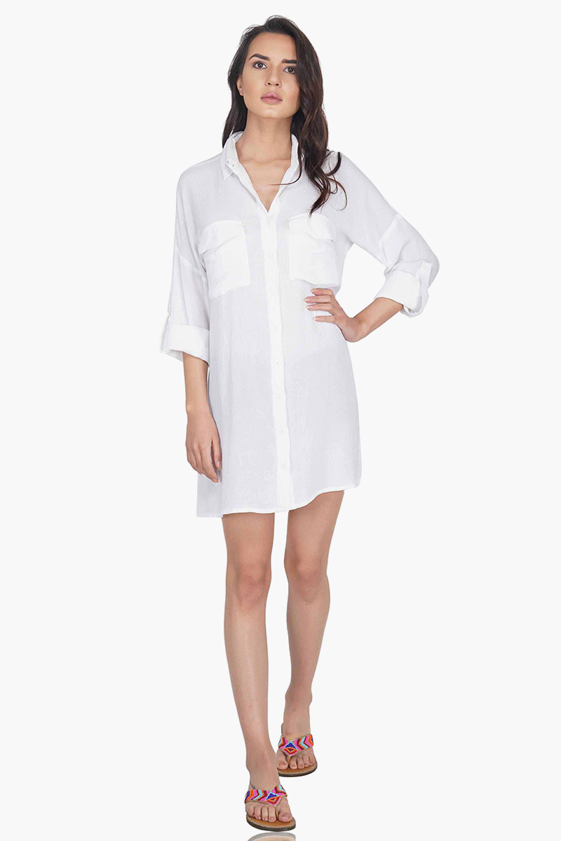 Oxford White Solid Shirt Dress